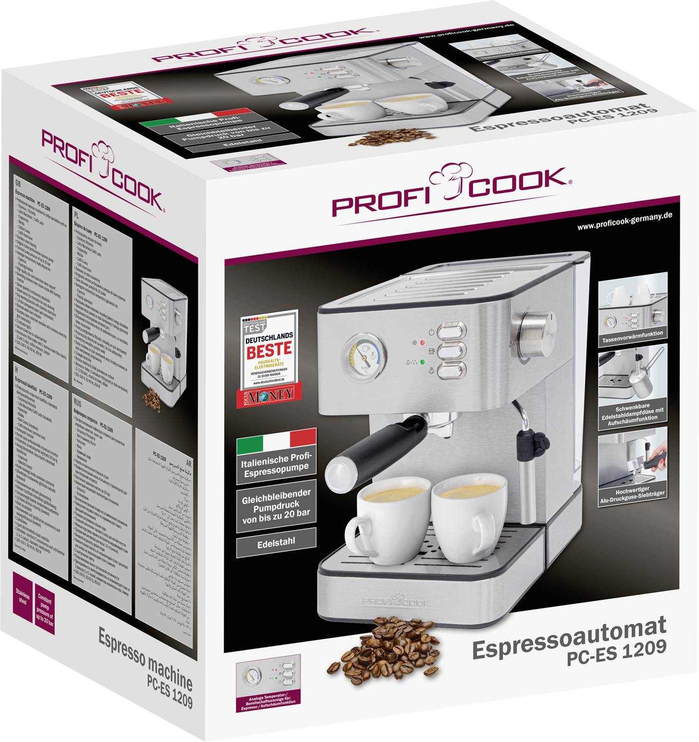 Confezione della macchina per espresso con immagine dell'apparecchio, due tazze di espresso, marchio 'ProfiCook', modello 'PC-ES 1209'.