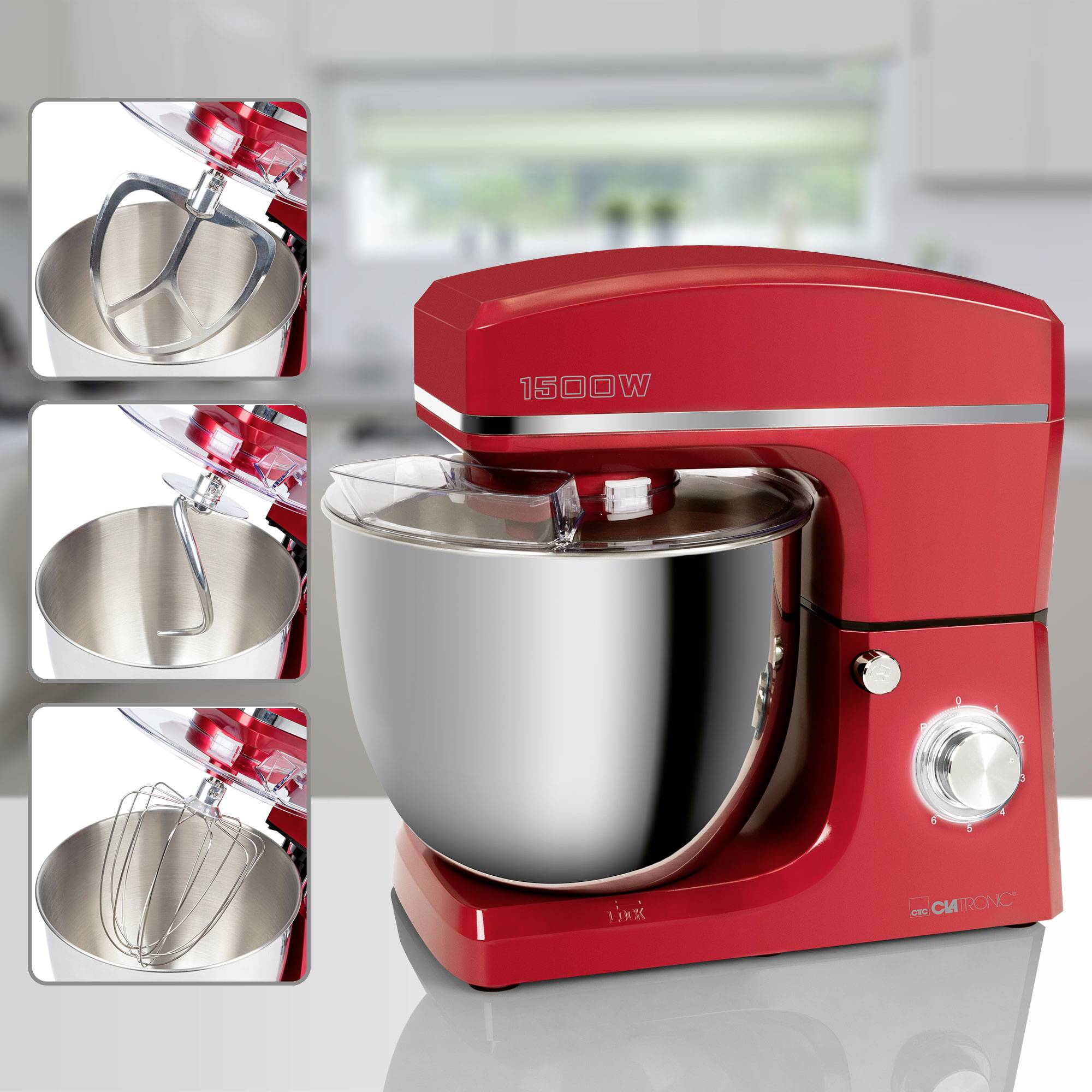 Impastatrice rossa da 1500W, con ciotola in acciaio inox e tre accessori per mescolare, impastare e montare. L'apparecchio è posizionato in una cucina.