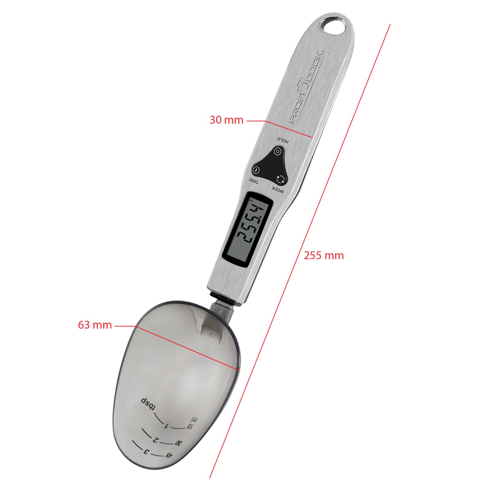 Bilancia digitale dosatrice con un cucchiaio e display, indica 25,54 grammi. Dimensioni: lunghezza totale 255 mm, larghezza del cucchiaio 63 mm, larghezza dell'impugnatura 30 mm.