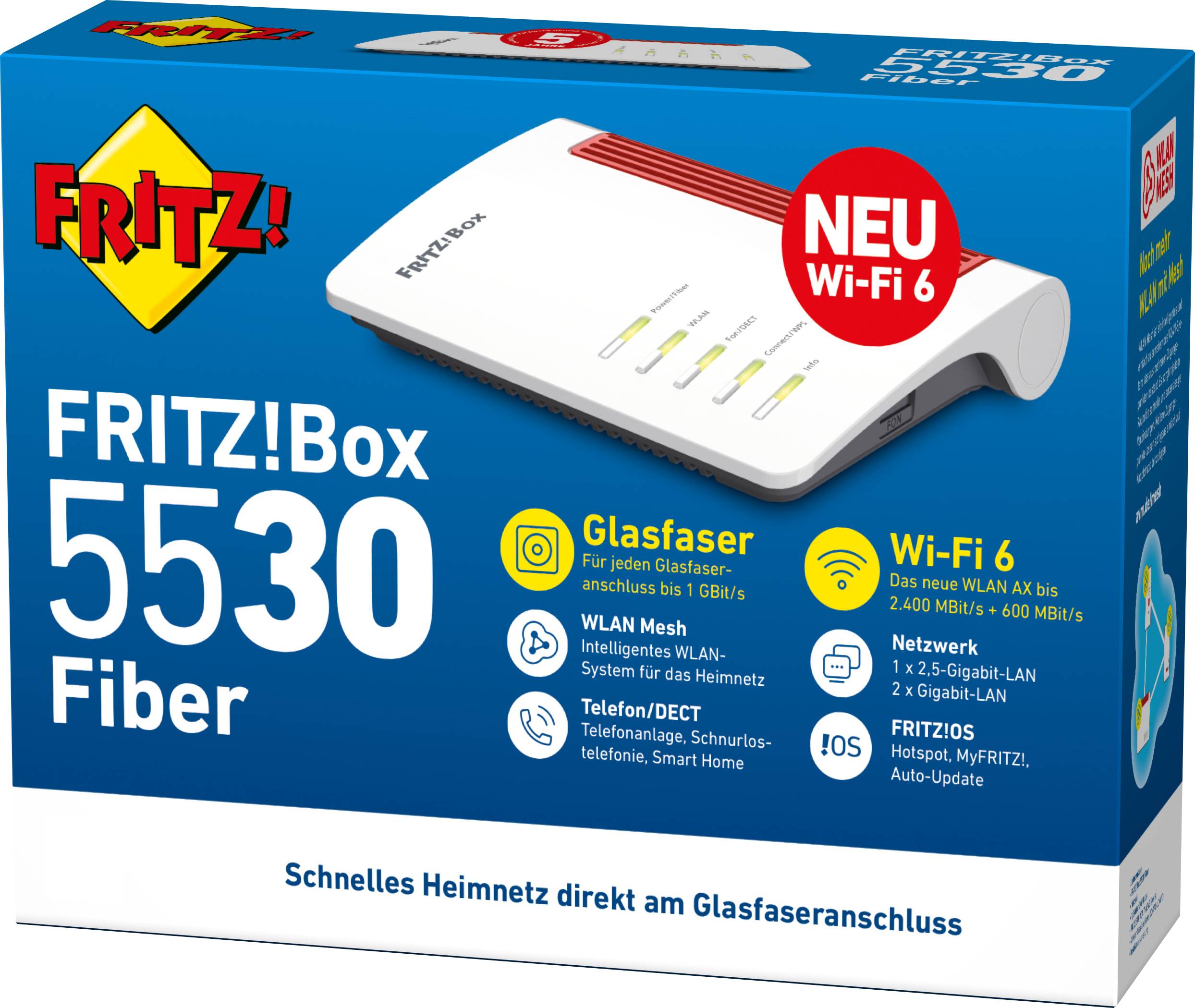 'FRITZ!Box 5530 Fiber', router in fibra ottica per reti domestiche, supporta Wi-Fi 6, mesh WLAN, telefono/DECT. Ideale per velocità fino a 6 Gbit/s.