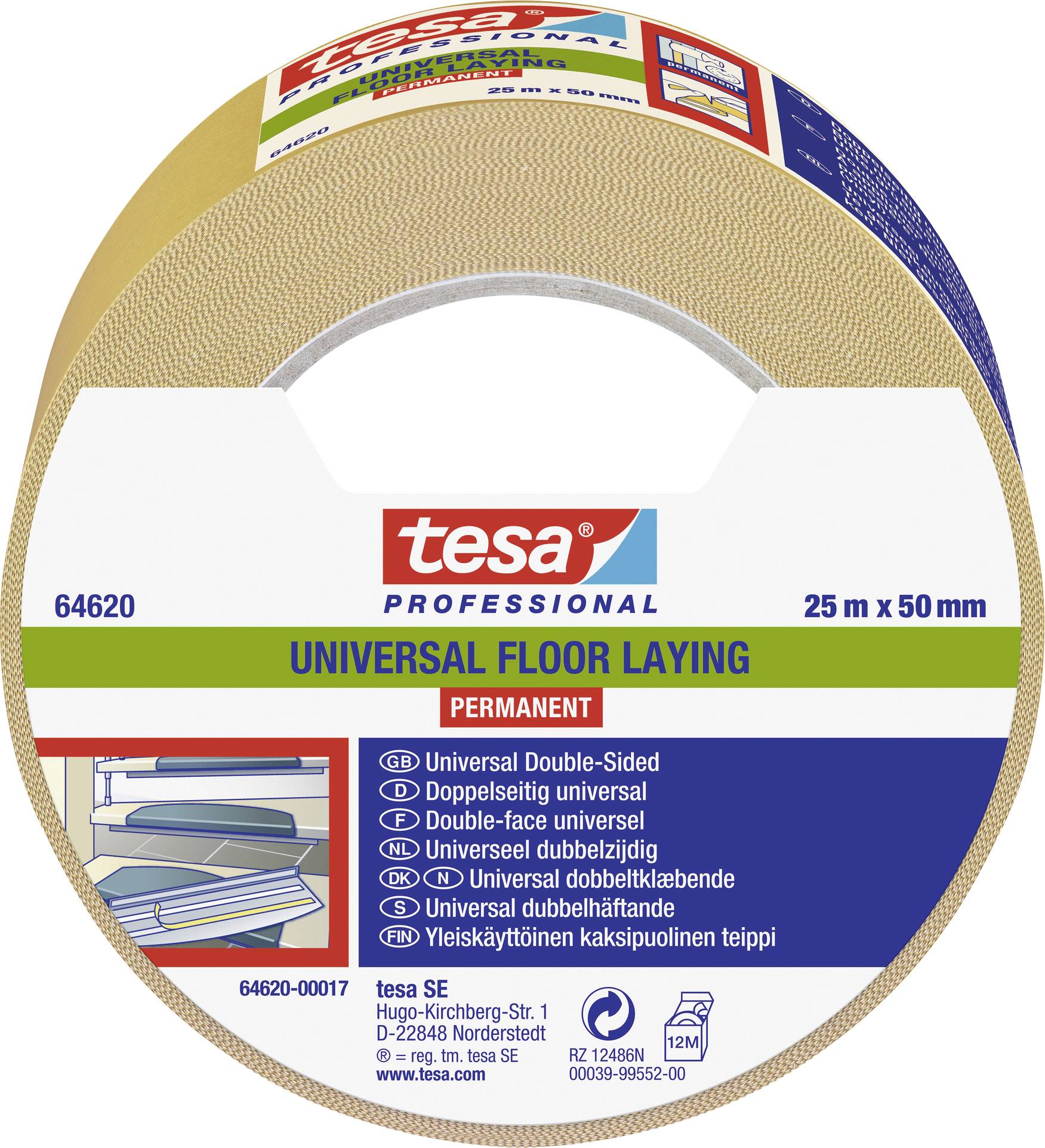 Rotolo di nastro biadesivo 'tesa' contrassegnato 'UNIVERSAL FLOOR LAYING, PERMANENT'; dimensioni: 25 m x 50 mm.