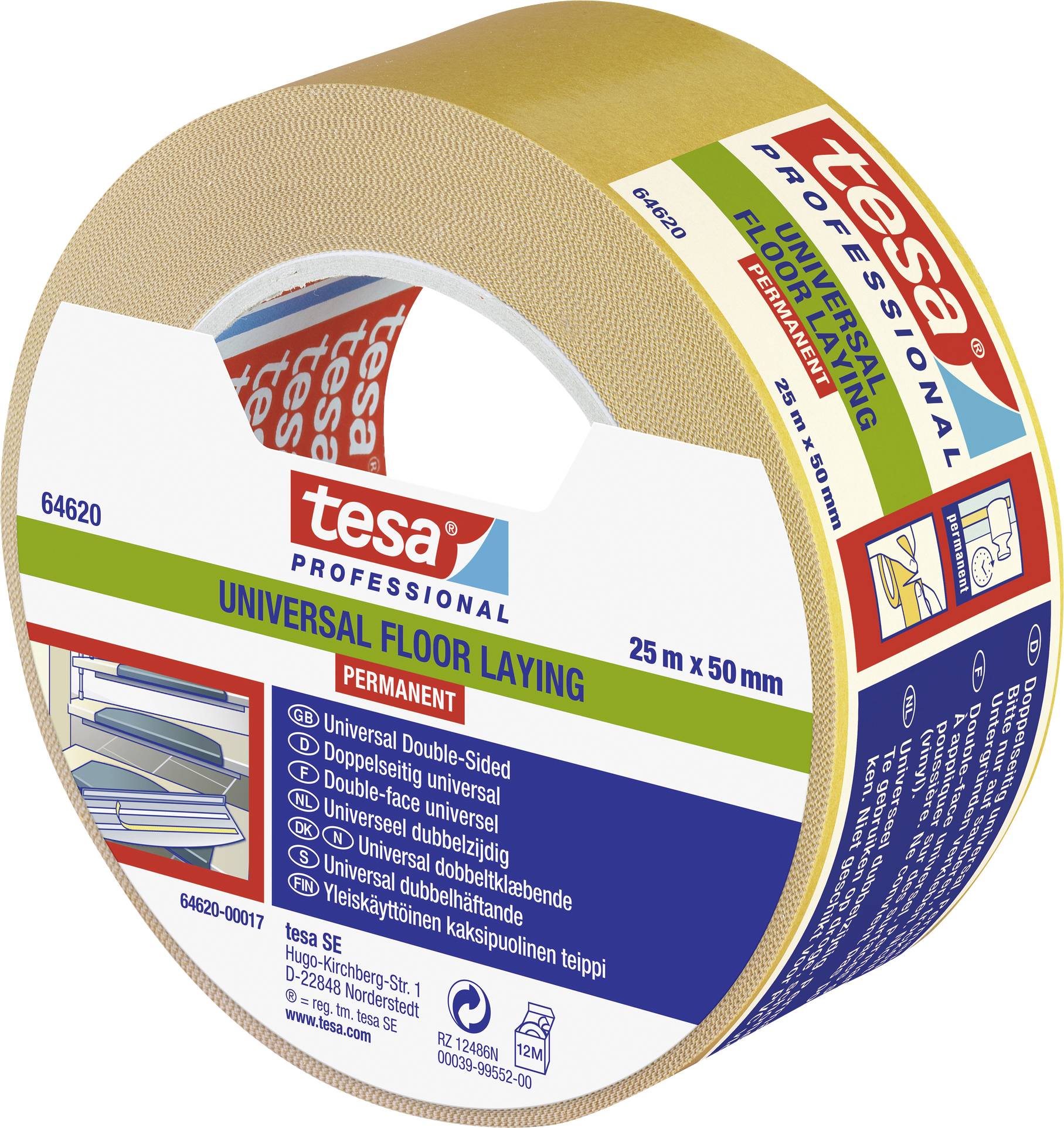 'Rotolo di nastro adesivo universale per pavimentazione, 25 m x 50 mm, biadesivo, per applicazioni permanenti.'