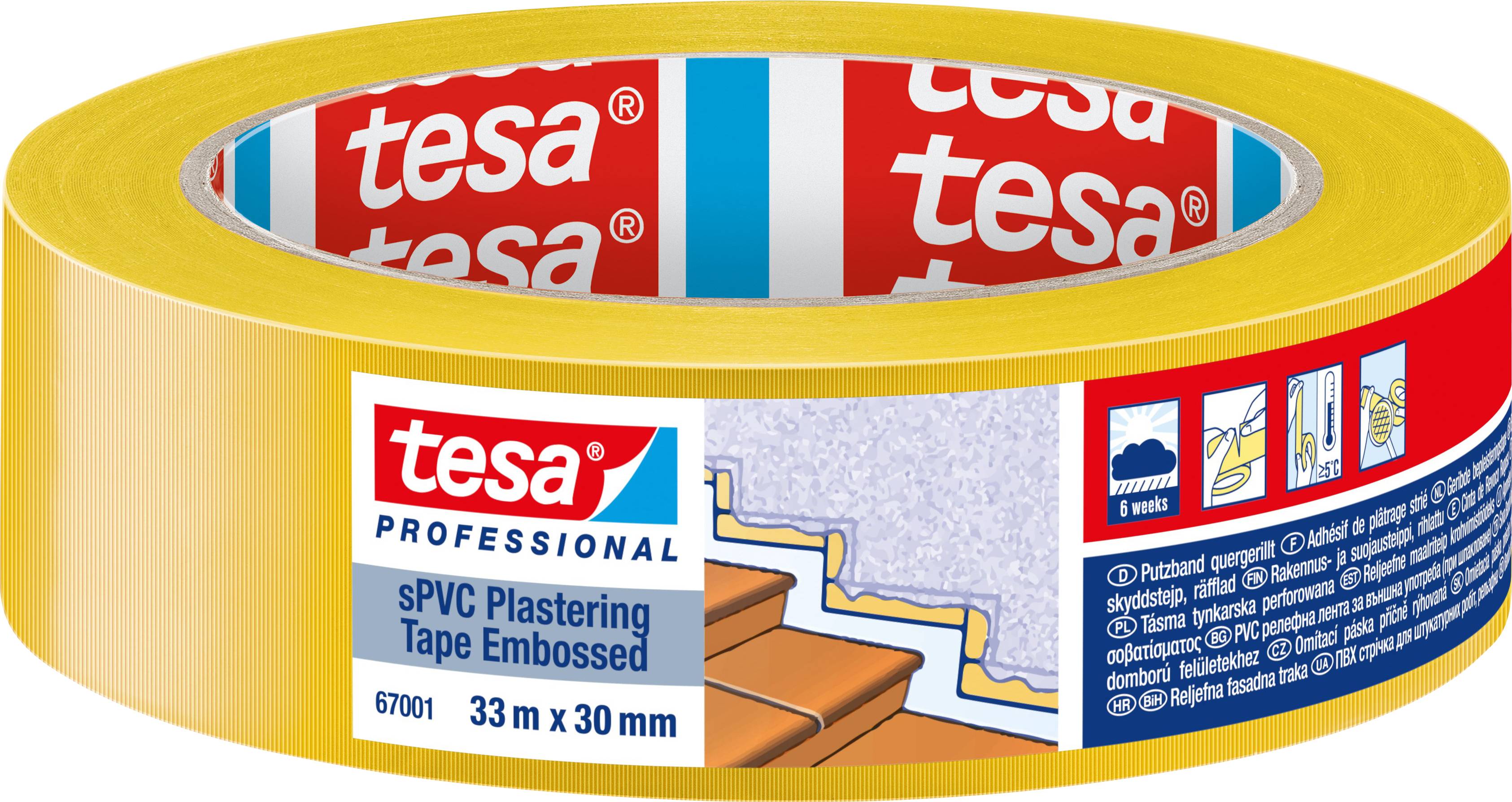 Un rotolo di nastro adesivo giallo Tesa, specifico per lavori di intonacatura, 33 m x 30 mm, con l'immagine di una scala sulla confezione.