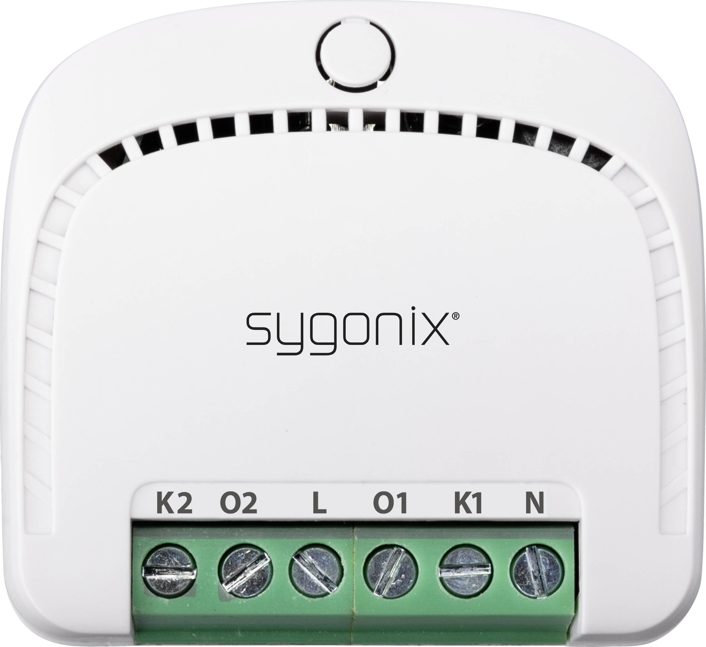 Un dispositivo elettronico bianco con la scritta 'sygonix', che mostra connessioni per K2, O2, L, O1, K1, N. Probabilmente un modulo di connessione.
