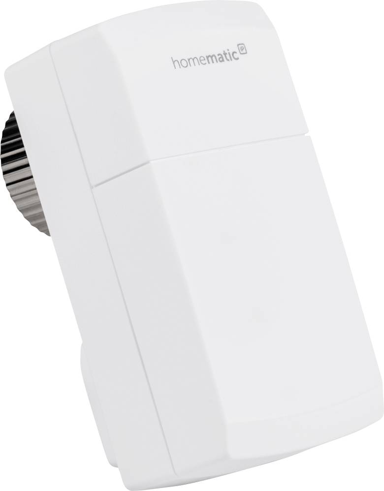 Un termostato per radiatori bianco e rettangolare del marchio Homematic IP per il controllo della temperatura nei sistemi smart home.