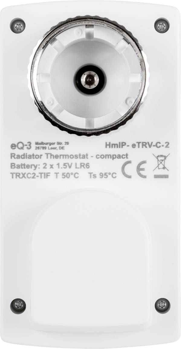 Termostato per radiatore con vano batteria e denominazione modello 'HmIP-eTRV-C-2' e dettagli relativi alle informazioni sulla batteria e sulla temperatura.