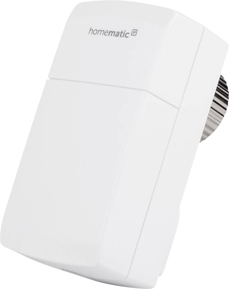 Dispositivo bianco e rettangolare con una manopola di regolazione sul lato destro. Sulla parte superiore è scritto 'homematic'. Apparecchio elettrico per l'automazione domestica.