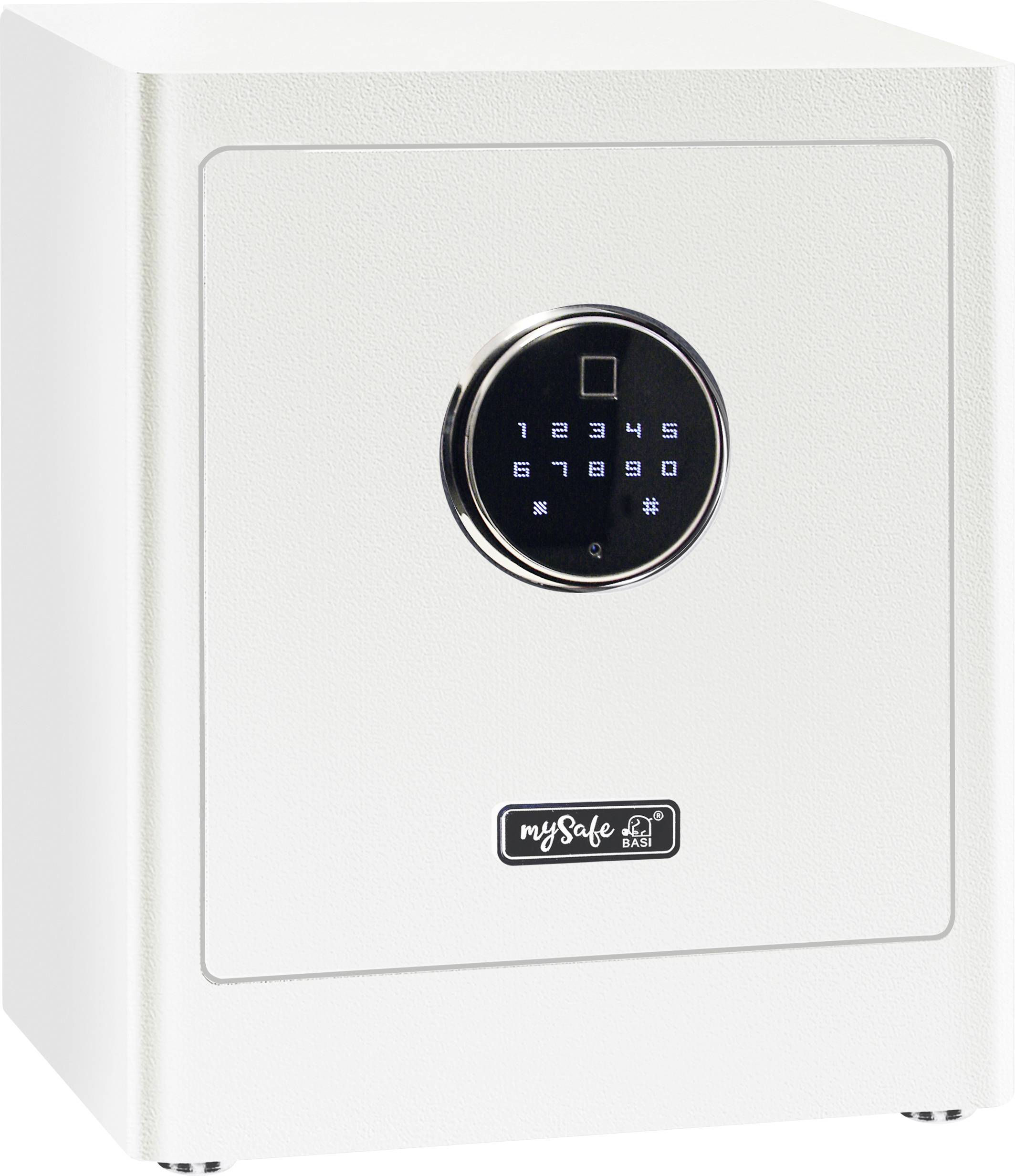 Un cassaforte bianca con serratura digitale e display touchpad nero. Logo del marchio in basso. Protezione di sicurezza per oggetti di valore.