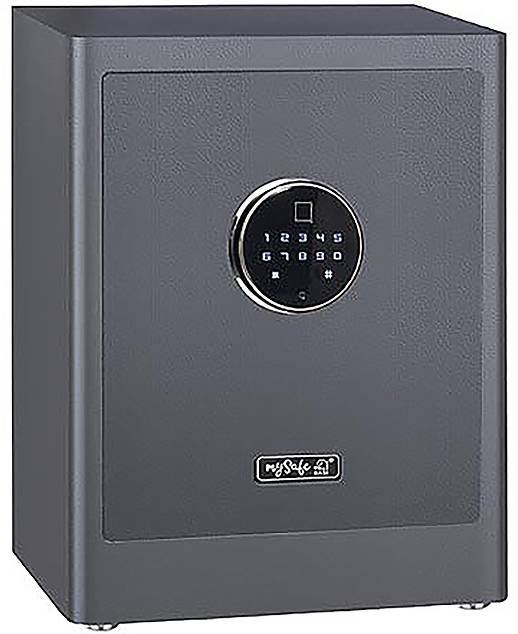 Cassaforte grigia con serratura digitale e un piccolo display rotondo con numeri da 0 a 9.