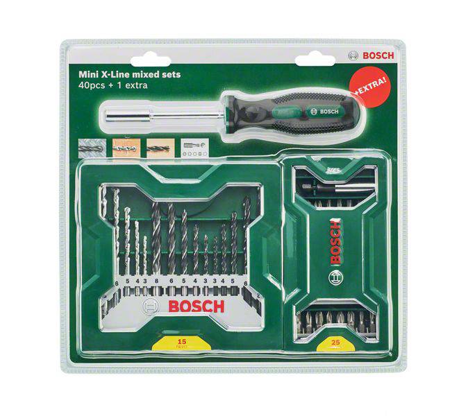 'Bosch Mini X-Line set misti' contiene 40 pezzi + 1 extra. Include impugnatura per cacciavite, punte e inserti per cacciavite in confezione.