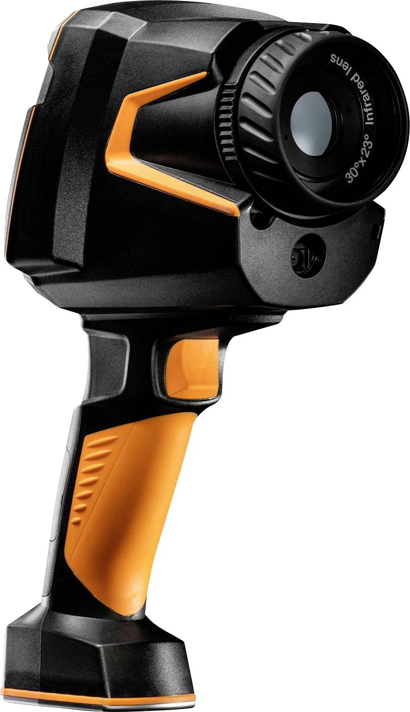 Una telecamera termica portatile arancione e nera con impugnatura ergonomica e un grande obiettivo anteriore.