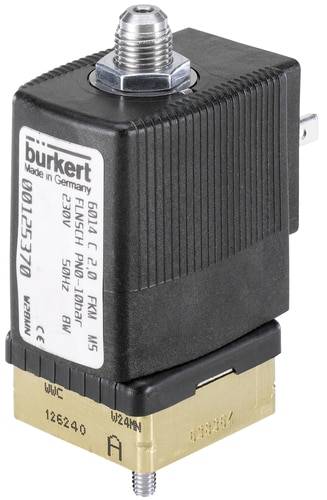 Una valvola elettromagnetica Bürkert, modello 6014, 24V, con involucro nero e parte inferiore in ottone, "Made in Germany".