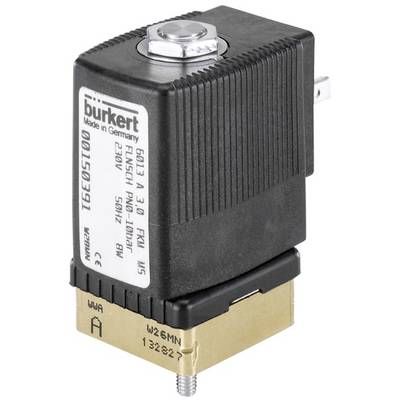 Una valvola elettromagnetica Bürkert, con etichettatura tecnica e dettagli di connessione, prevalentemente di colore nero e oro.