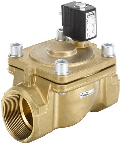 Una valvola magnetica in ottone con quattro viti e un solenoide nero in alto. Viene utilizzata per il controllo dei fluidi.