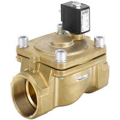 Una valvola magnetica in ottone con quattro viti e un solenoide nero in alto. Viene utilizzata per il controllo dei fluidi.
