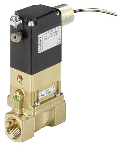 Valvola del marchio Bürkert con azionamento elettrico, corpo in ottone e cavi collegati. Adatta per il controllo di liquidi industriali.