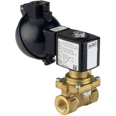 Una valvola elettromagnetica con involucro nero e corpo valvola in ottone, utilizzata per il controllo dei fluidi.