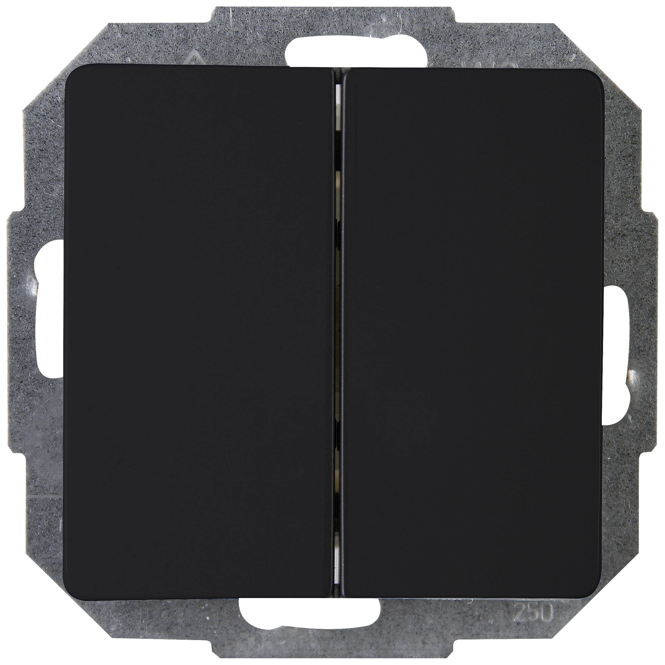 Un interruttore nero rettangolare con due levette verticali affiancate, montato in una cornice metallica.