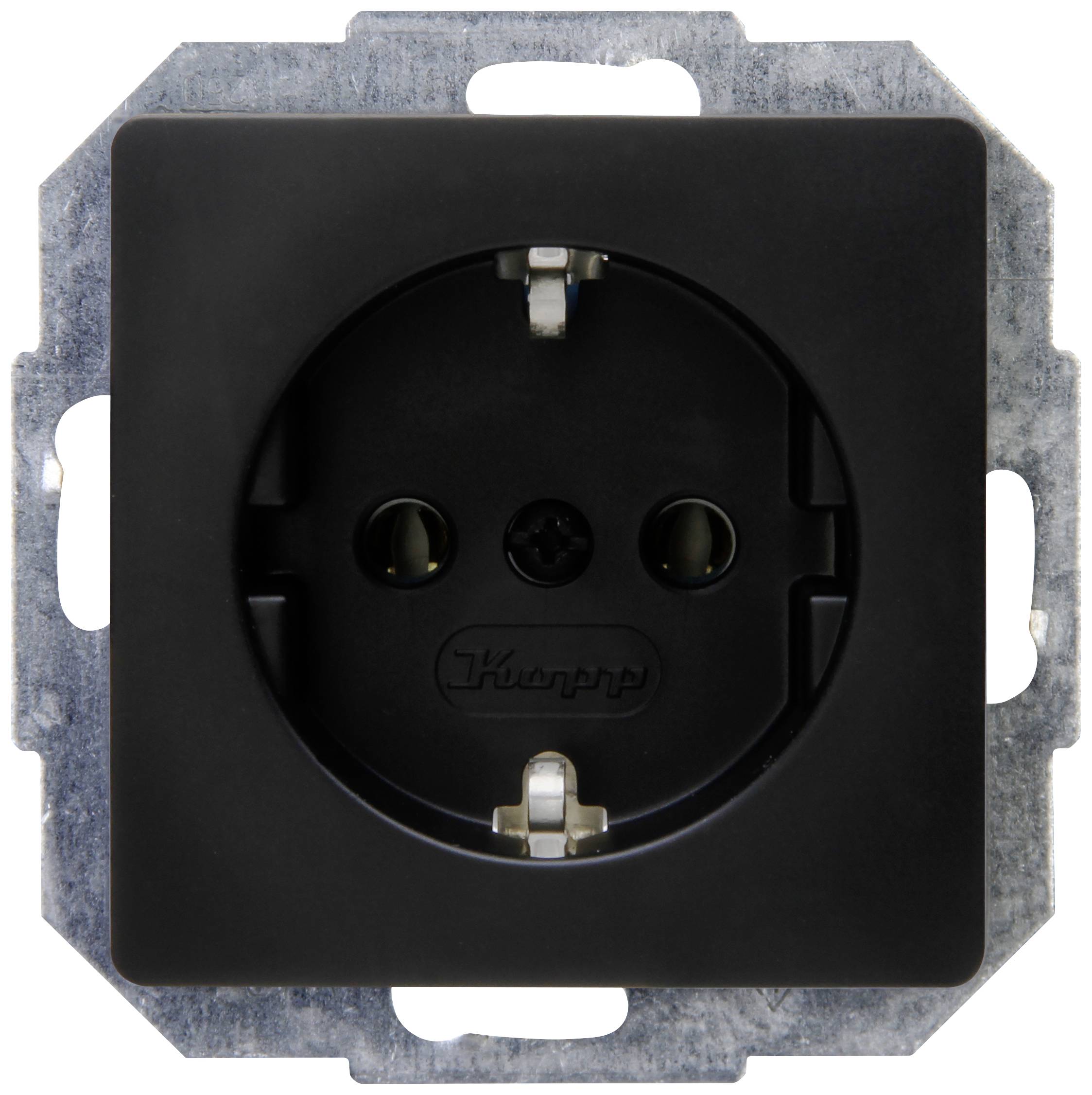 Presa elettrica nera con contatti di terra, montata su una piastra di supporto.