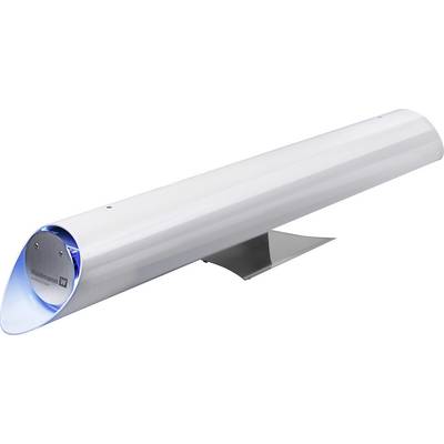 Un ventilatore di aerazione dal design moderno con involucro bianco su un supporto metallico, che mostra una luce blu su un'estremità.