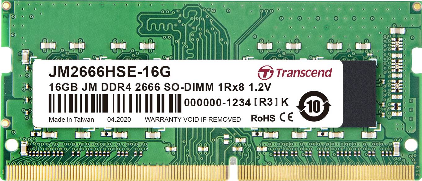 Una barretta di RAM Transcend da 16 GB di colore verde con la scritta 'JM2666HSE-16G', DDR4 2666 SO-DIMM, 1Rx8, 1.2V, Prodotta a Taiwan.