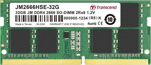 Transcend JetRAM Modulo memoria Laptop DDR4 32 GB 1 x 32 GB Non-ECC 2666 MHz 260pin SO-DIMM CL19 JM2666HSE-32G
