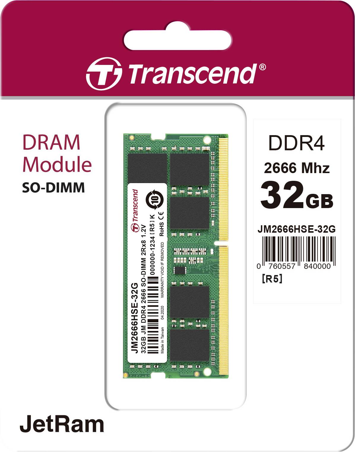 Transcend JetRam DDR4 32GB SO-DIMM, Modulo DRAM da 2666 MHz in confezione, Modello JM2666HSE-32G, compatibile con sistemi [R5].