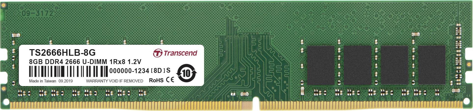Transcend 8GB DDR4 2400 U-DIMM Memoria, scheda verde, chip di memoria nero, etichetta con informazioni sul prodotto e logo.