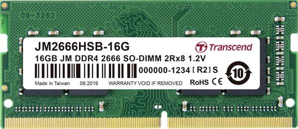 Transcend JetRAM Modulo memoria Laptop DDR4 16 GB 1 x 16 GB Non-ECC 2666 MHz 260pin SO-DIMM CL19 JM2666HSB-16G