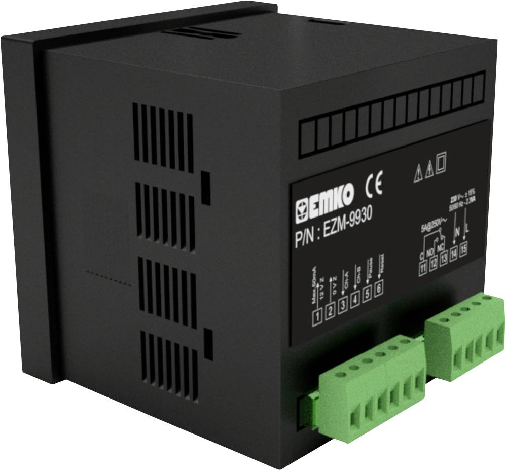 Un dispositivo elettronico nero con fessure di ventilazione e morsetti di connessione verdi. Reca la scritta 'EMKO P/N: EZM-9930'.