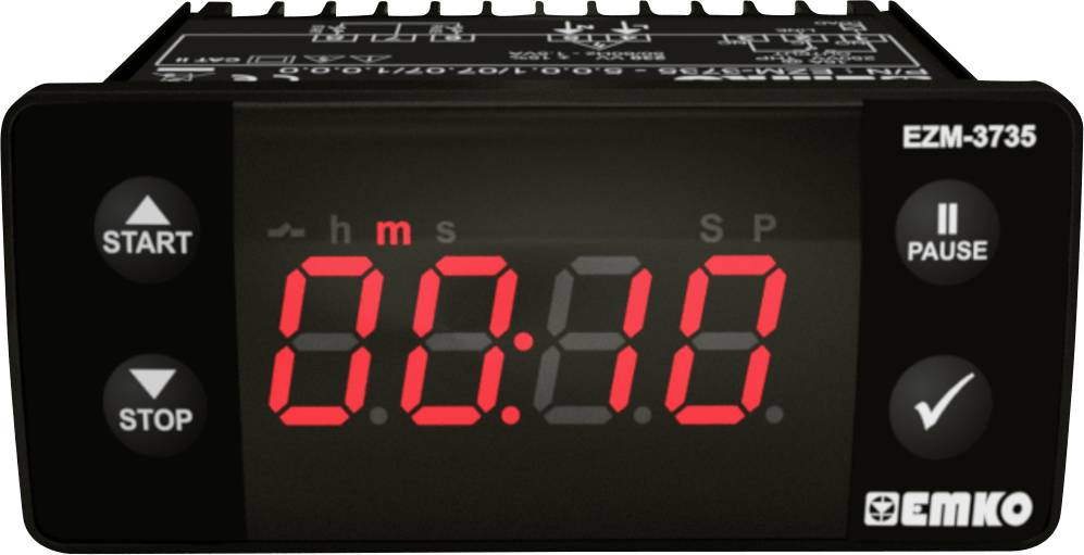Timer elettronico 'EZM-3735' mostra 00:10. Tasti: Avvio, Stop, Pausa, Conferma. Adatto per misurazioni del tempo precise.