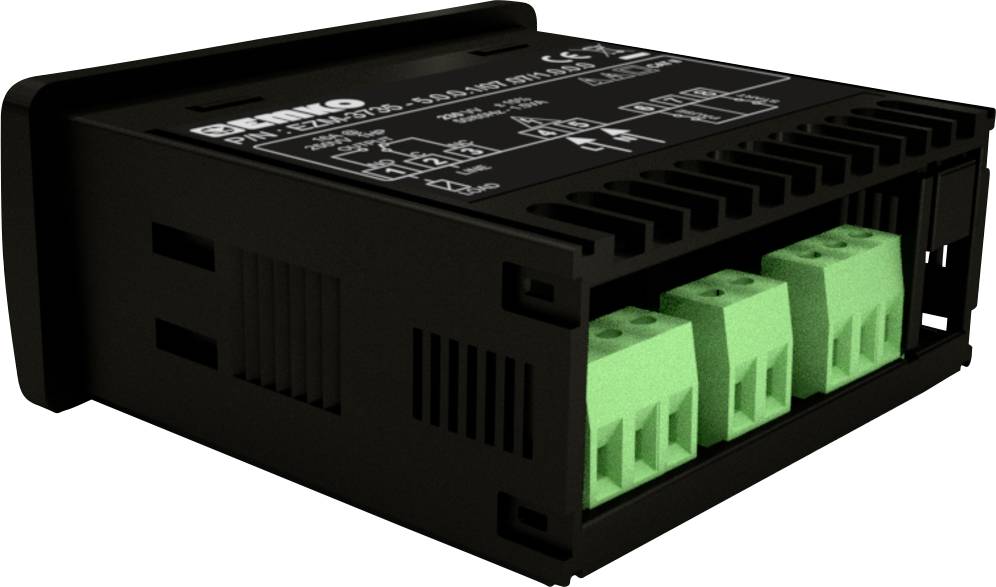 Un dispositivo elettronico nero con morsetti di connessione verdi, probabilmente un convertitore di tensione o corrente per il controllo di sistemi elettrici.
