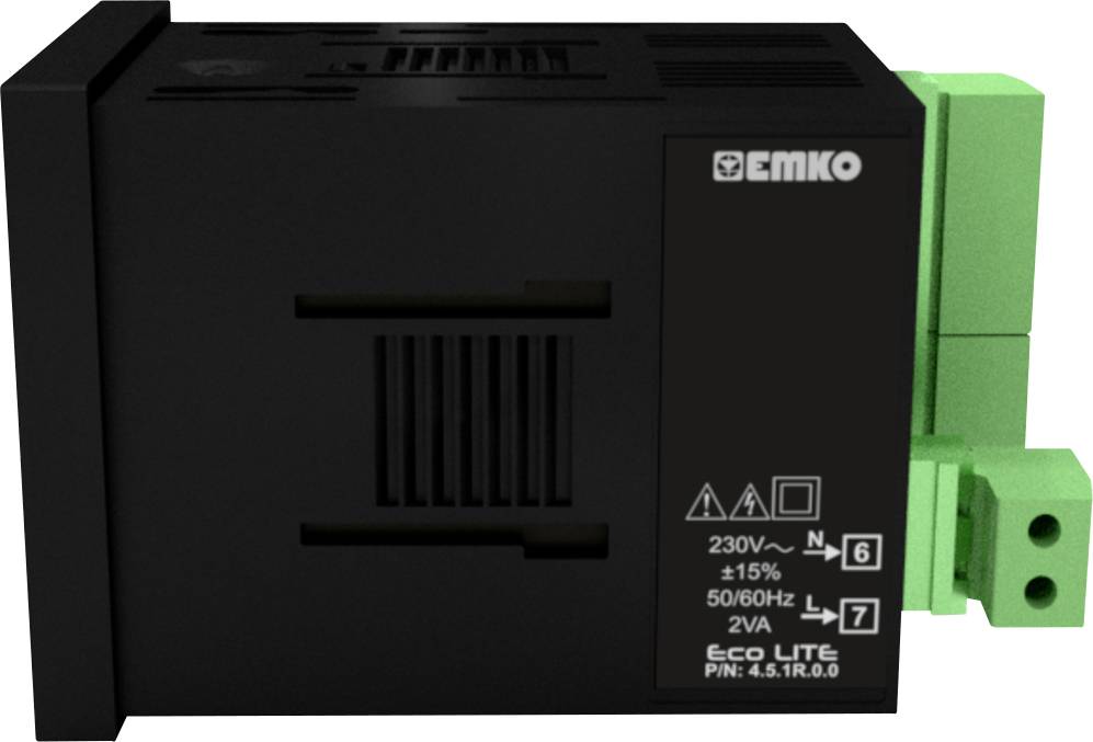 Dispositivo elettrico nero con connettori verdi, con iscrizione: 'EMKO', 230V~ ±15%, 50/60Hz, 2VA. Marca: Eco LITE P/N: 4S.1R.0.