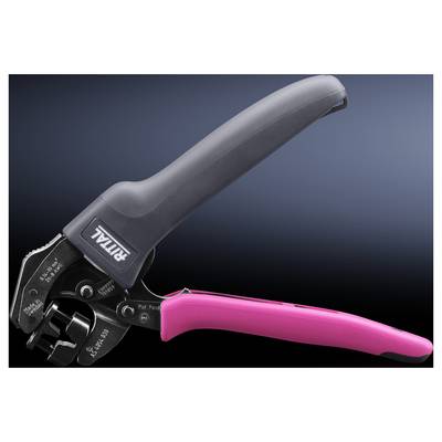 Un attrezzo per crimpar con impugnature ergonomiche; un lato nero, l'altro rosa. Strumento per connessioni di cavi.
