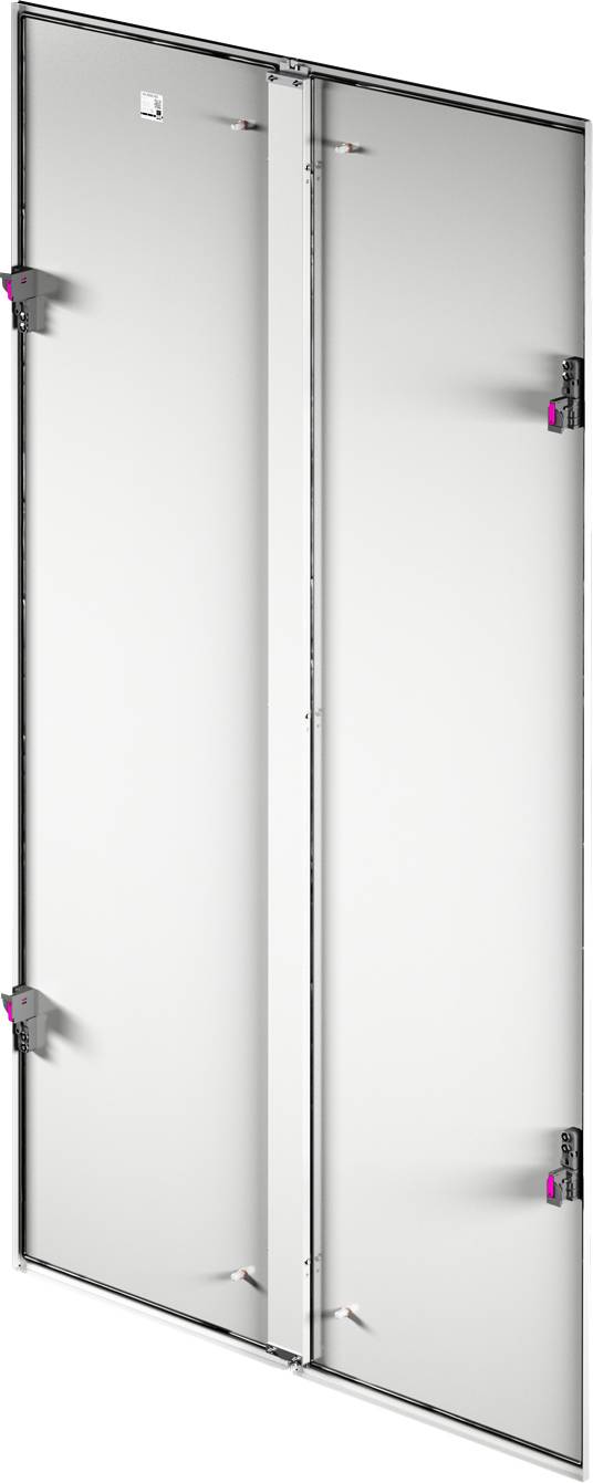 Due grandi porte metalliche verticali, fissate su cerniere, parzialmente aperte.