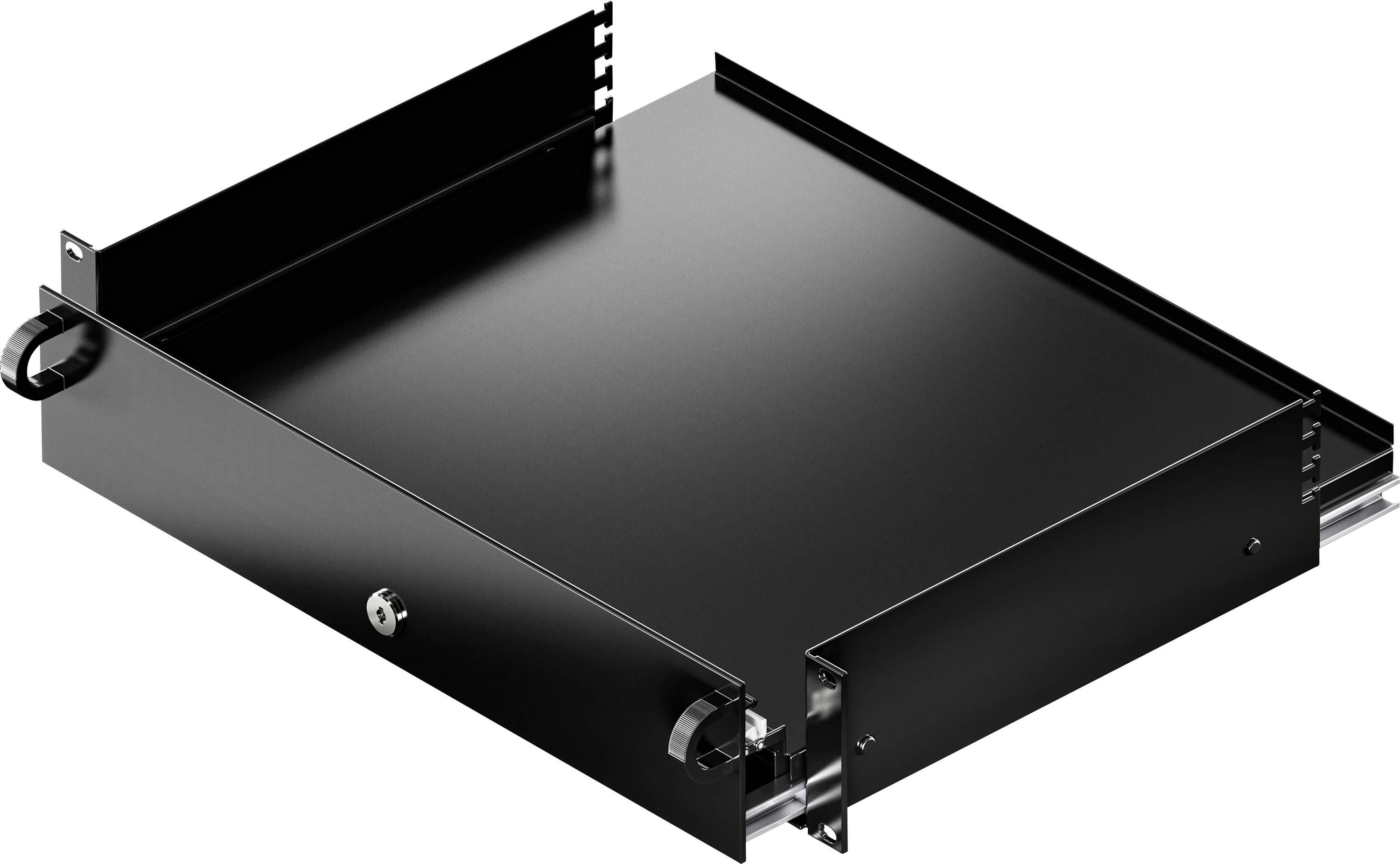 Un contenitore elettronico nero, rettangolare, con cassetto, idoneo per il montaggio in un rack, con fori di fissaggio laterali.