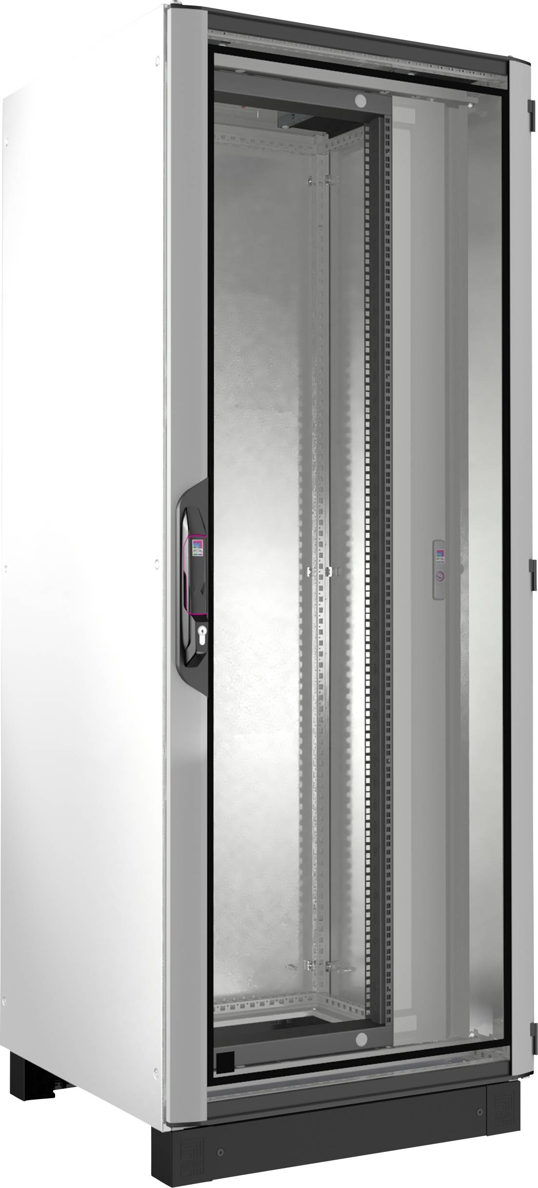 Un grande armadio con porta in vetro e maniglia laterale, poggiante su un piedistallo nero, adatto per dispositivi elettronici.