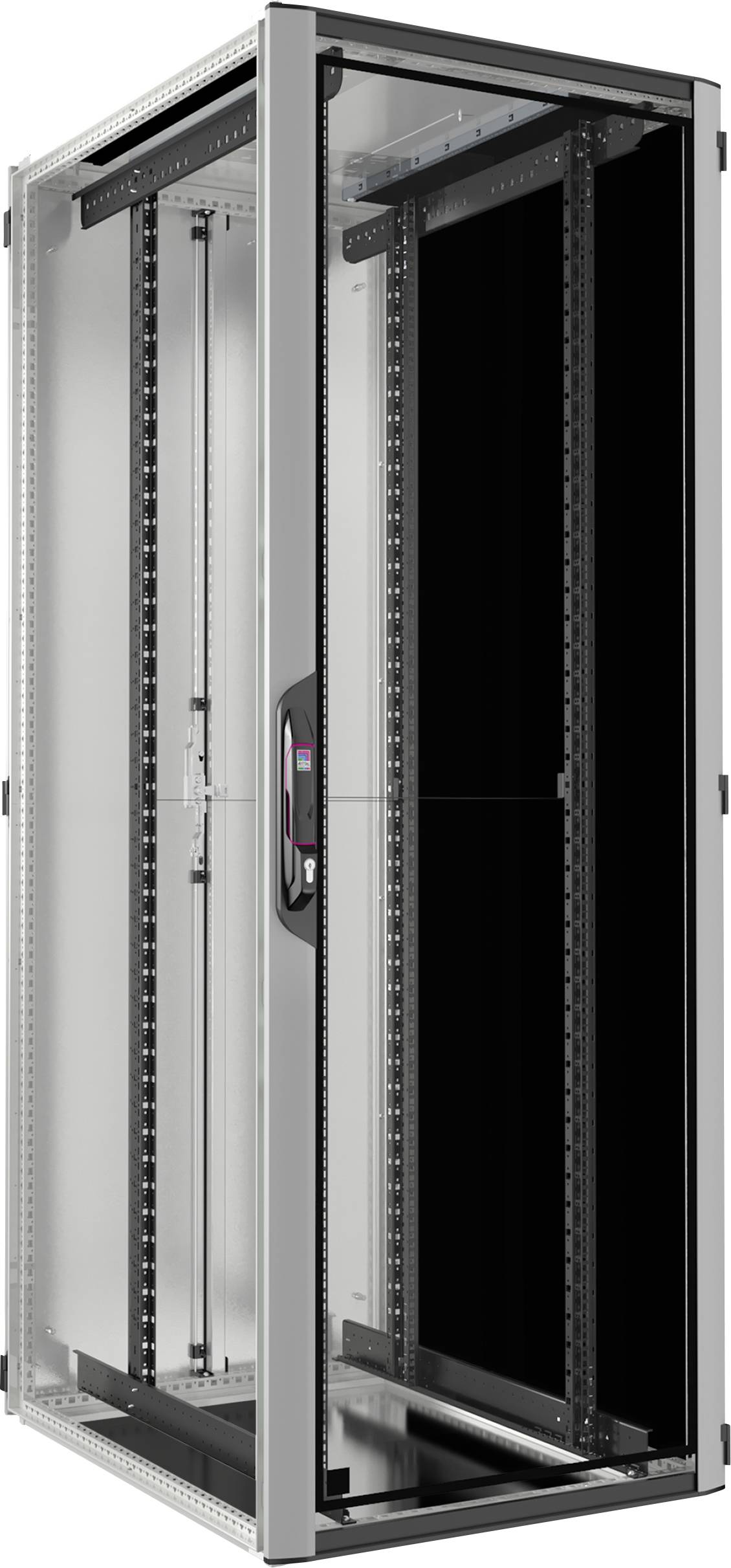 Un rack server vuoto, grigio, con porta in vetro e pannelli laterali neri, idoneo per l'alloggiamento di server e componenti di rete.