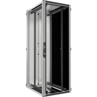 Un rack server vuoto, grigio, con porta in vetro e pannelli laterali neri, idoneo per l'alloggiamento di server e componenti di rete.
