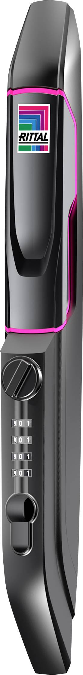 Un rasoio elettrico nero con accenti rosa, logo del marchio sulla parte superiore, comandi laterali e una rotella di regolazione.