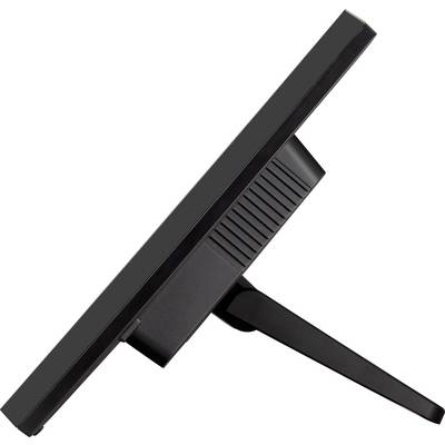 Un monitor visto di profilo, leggermente inclinato all'indietro. Colore nero, design sottile, ideale per postazioni di lavoro moderne.