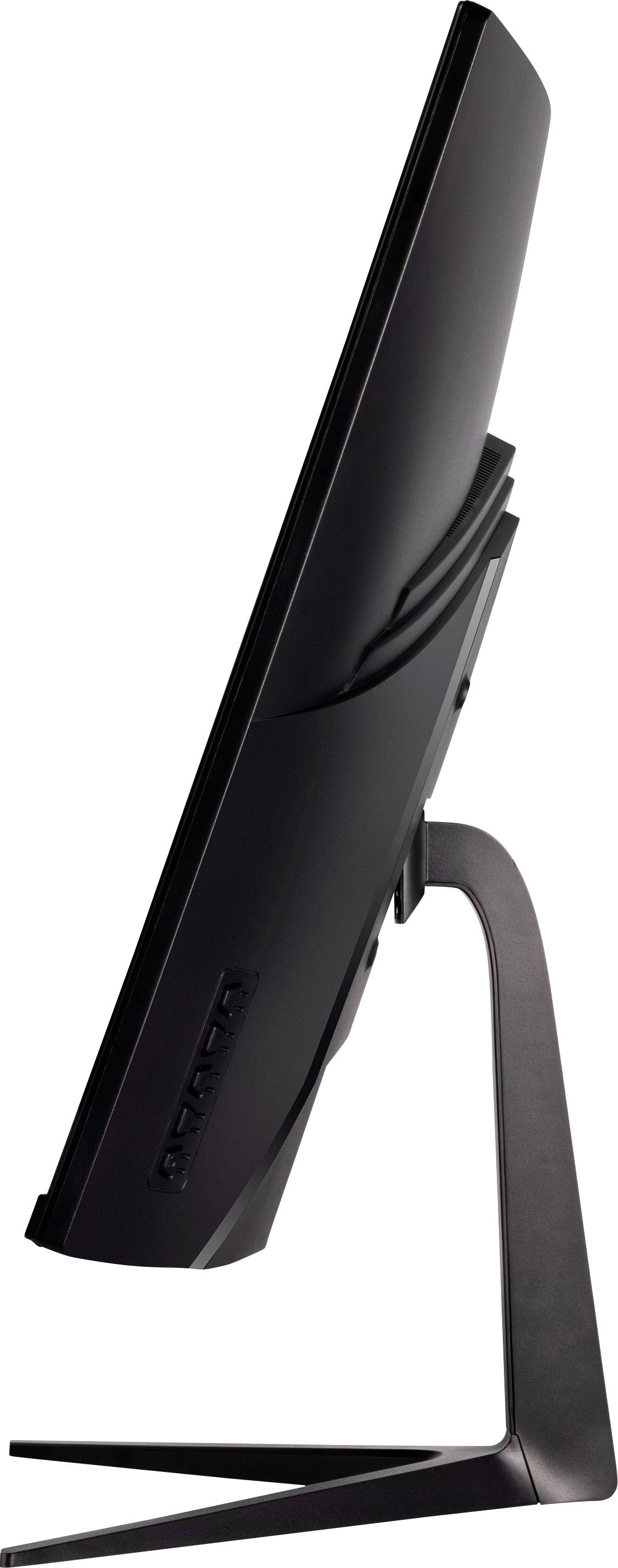 Veduta laterale di un monitor piatto per computer con un supporto curvo. Lo schermo è sottile e dal design moderno.