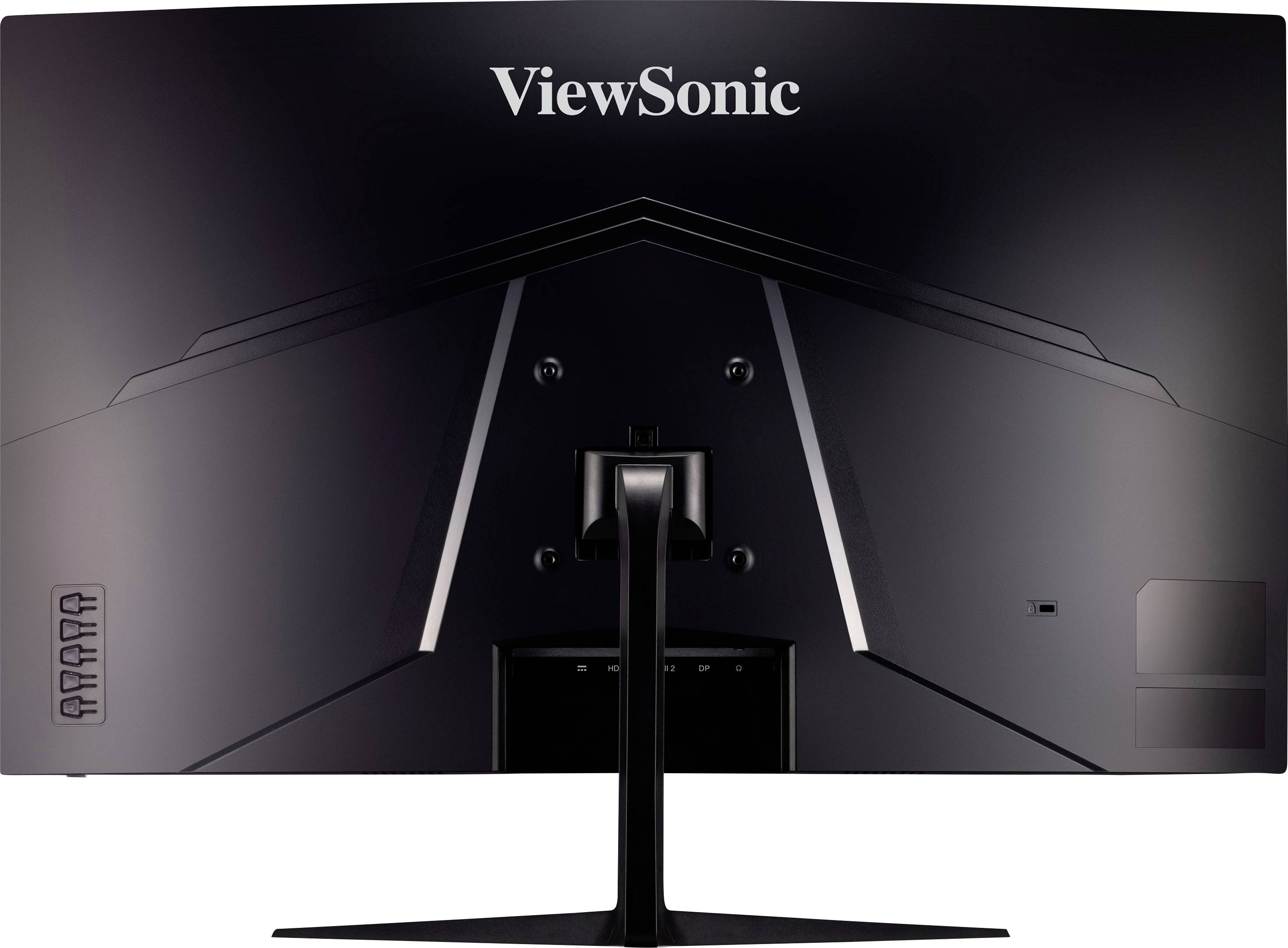 Un monitor nero ViewSonic visto da dietro, con base centrale.