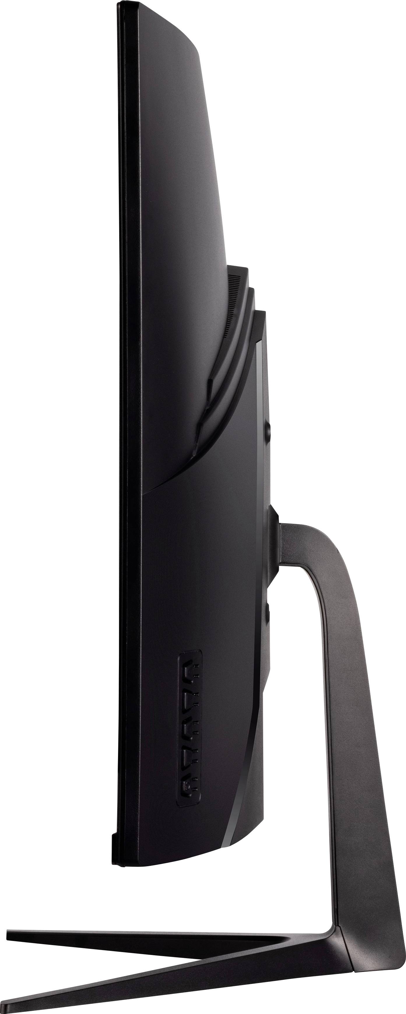 Un monitor nero di computer visto di lato, poggiato su un sottile supporto. Lo schermo è leggermente curvo.