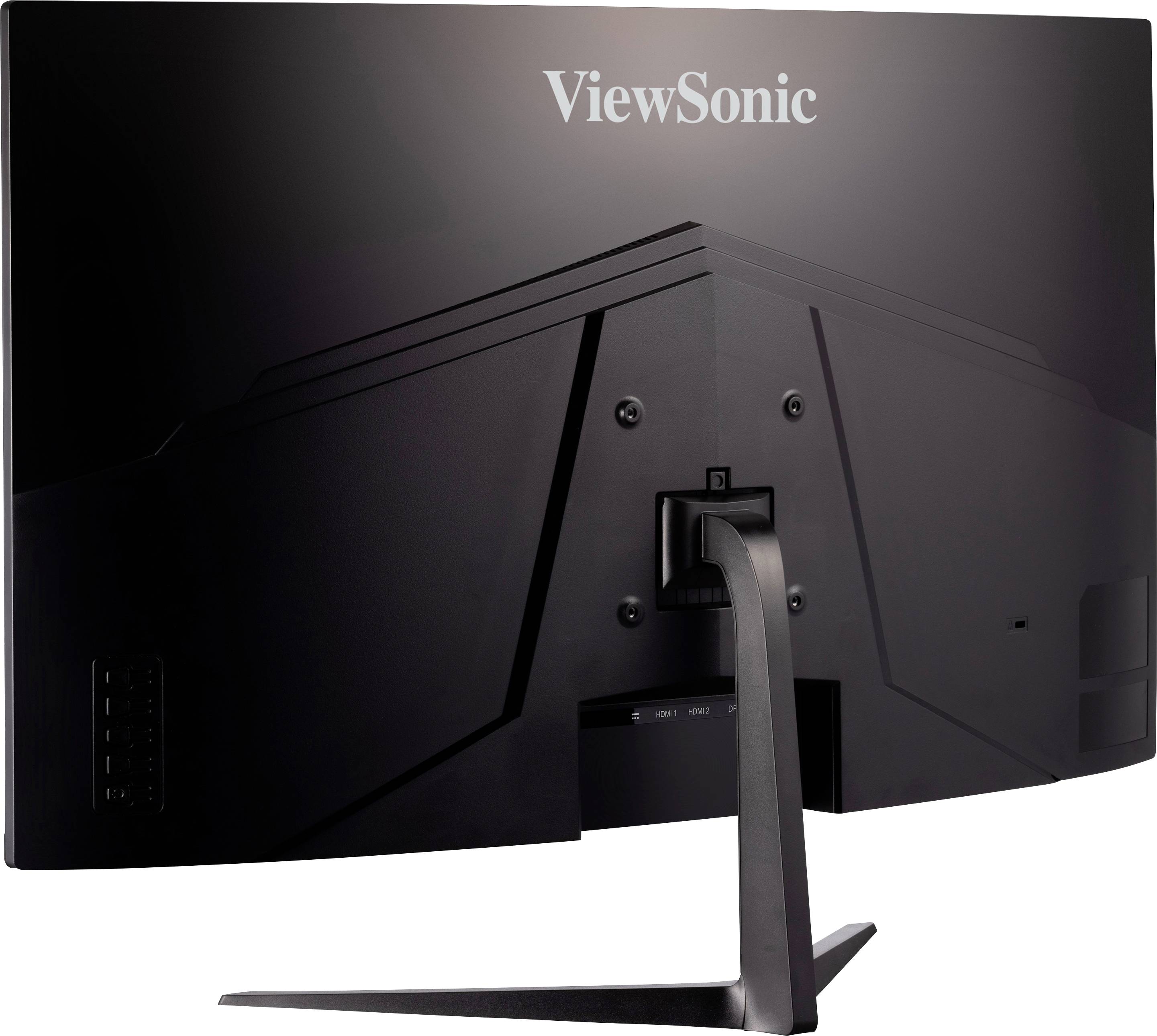 Retro di un monitor nero con scritta 'ViewSonic' e un robusto supporto da tavolo.