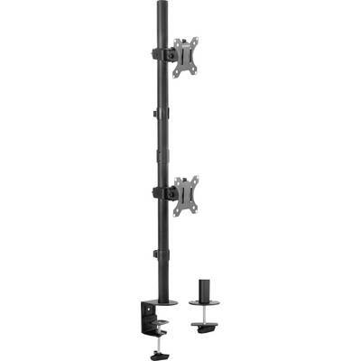 Due supporti verticali per monitor in metallo nero, con viti per il fissaggio al bordo della scrivania.