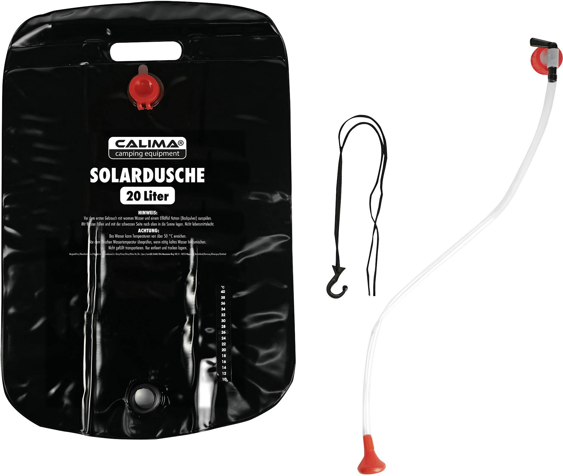 'Doccia solare nera con capacità da 20 litri, soffione rosso e gancio di sospensione. Ideale per campeggio e attività all'aperto.'