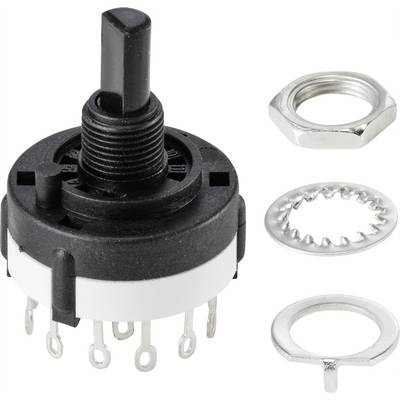 Interruttore rotativo con nove terminali, circondato da tre anelli metallici e un dado esagonale. Adatto per applicazioni elettroniche.