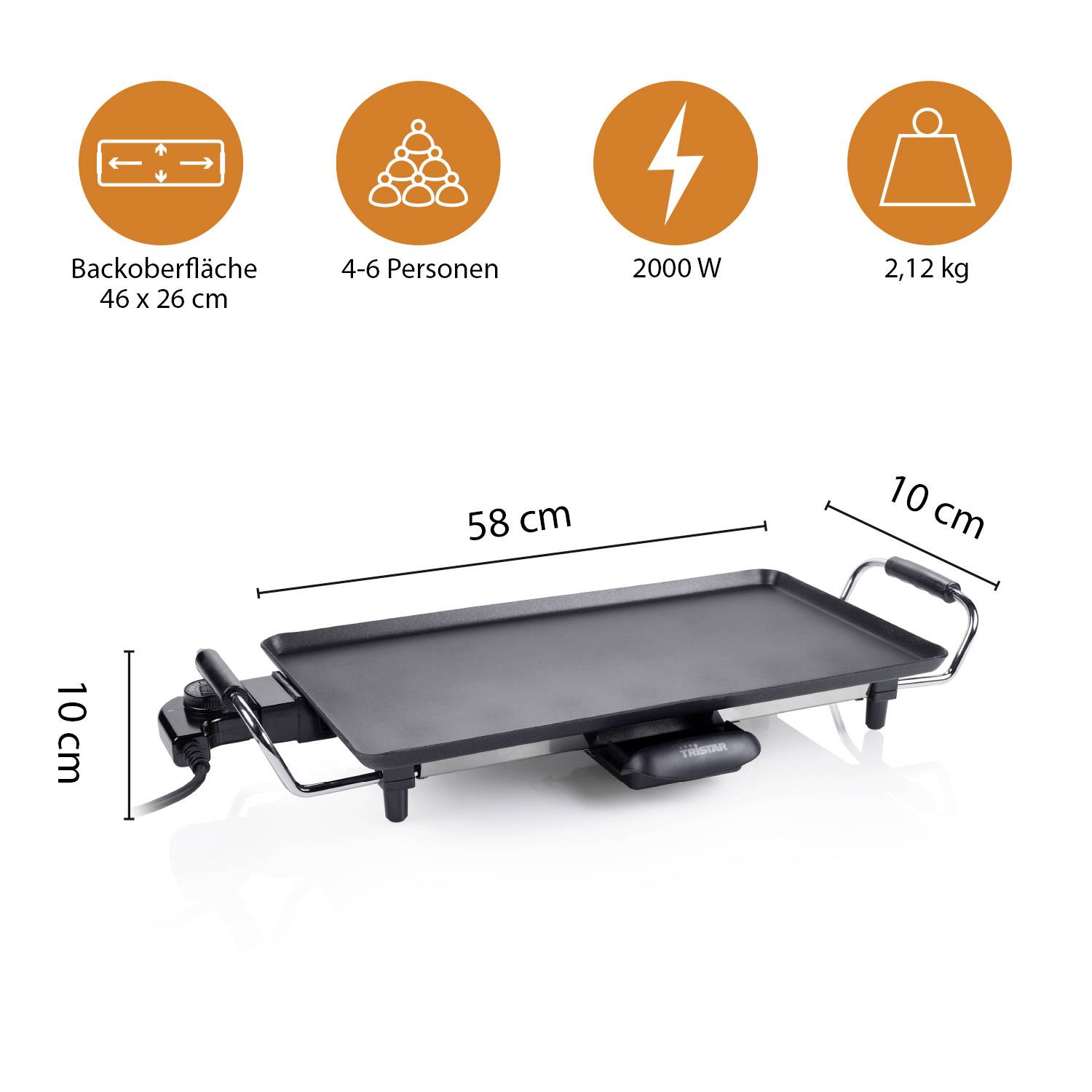 Piastra grill elettrica, dimensioni 58x10x10 cm. Potenza 2000 W, adatta per 4-6 persone. Peso 2,12 kg. Superficie di cottura 46x26 cm.