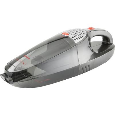 Un aspirapolvere nero, portatile, con impugnatura ergonomica e tasti di accento rossi per la pulizia senza fili di piccole aree.